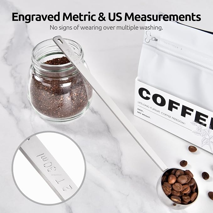 U-Taste Coffee Scoop 2 Tablespoon: 18/8 Stainless Steel Measuring Scooper for Ground Coffee, Bean, Powder, Espresso, 8.5in Extra Long Handle Metal Meaure Spoon for Canister, Jar (2Tbsp/30ml, Silver) | 18/8 Stainless Steel Tablespoon Scoop, Long Metal C...