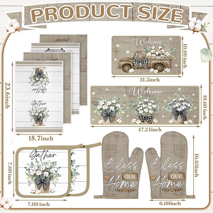 Fourluoo 10 Pcs Farmhouse Eucalyptus Leaves Kitchen Decor Set Bless Our Home Towels Rugs Oven Mitts and Pot Holders Set for Cooking Baking Grilling Gift