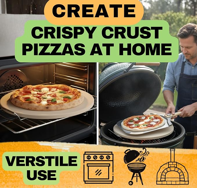 Round Pizza Stone for Oven 16 inch - Large Pizza Stone with Handles, Metal Pizza Peel, Pizza Cutter and Dough Tool - Baking Stone for Oven Bread - Thick Durable Cordierite Baking Stones