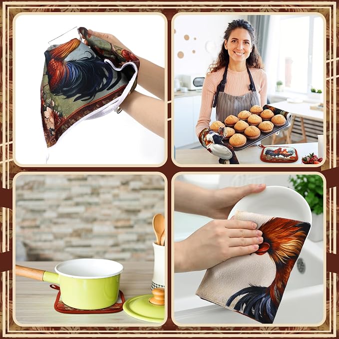 Bencailor 6 Pcs Rooster Chicken Kitchen Decor Rooster Kitchen Towels Brown Pot Holders and Oven Mitts Sets 2 Farmhouse Cooking Mittens for Cooking Grilling Supply Accessories