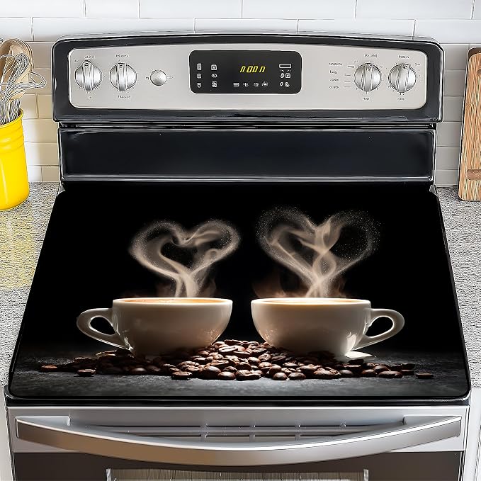 NYZE 28x20 Inch Electric Stove Top Cover - Heat Resistant Glass Flat Top Stovetop Protector Mat, Coffee Themed Dish Drying Mat & Extra Counter Space Saver for Kitchen Decor