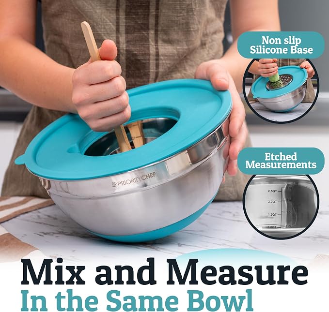 Stainless Steel Mixing Bowls with Lids Set - Premium 30Pcs with 6pc Metal Bowl Set for Kitchen, 3 Graters, Airtight Lids, Non-Slip Bases & Silicone Utensils, Turquoise