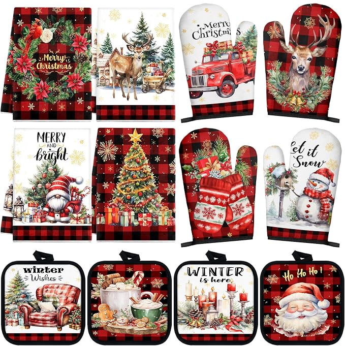 SiliFine 12 Pcs Christmas Kitchen Accessories Set Xmas Buffalo Plaid Pot Holders Santa Claus Oven Mitts Xmas Reindeer Gnome Kitchen Towels for Christmas Home Decorations, Cooking Baking Holiday Gifts