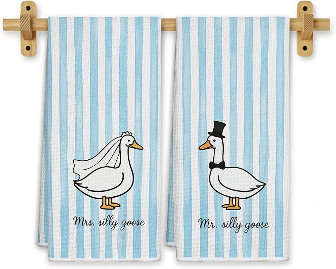 Mr and Mrs Goose Blue Striped Kitchen Towels 16x24 Inch, Wedding Gifts for Couples Newlyweds Dish Tea Towels for Kitchen Decor, Just Married Gifts Decorative Hand Towel for Bathroom, Set of 2