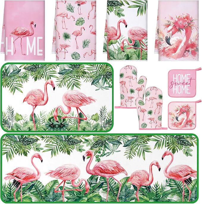Fourluoo 10 Pcs Flamingo Kitchen Dish Towels Rugs Oven Mitts and Pot Holders Set Farmhouse Kitchen Decor Set for Women Mom Daughter Gift Cooking Baking Grilling(Cute Pink)