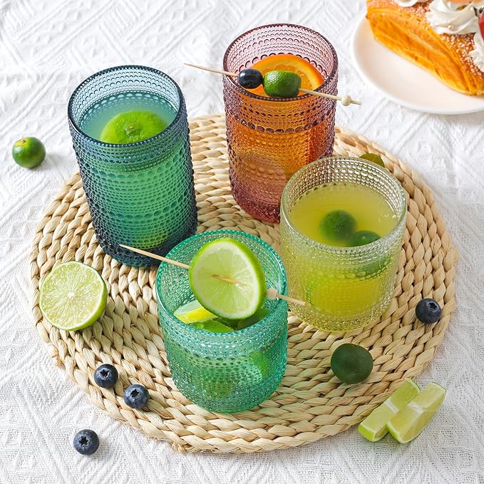 Moretoes Colored Hobnail Drinking Glasses Set of 12,Vintage Glass Cups | Mixed Glassware, 6pcs 12oz Highballs and 6pcs 10oz Old Fashioned Glasses, Great for Cocktail, Whisky and Other Beverages