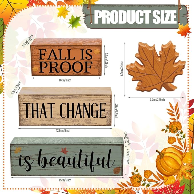 Lineshading 4 Pcs Fall Decoration For Home Wooden Maple Leaf Stacked Decor | Rustic Thanksgiving Table Centerpiece, Tiered Tray Styling, Beautiful Change Quote, Autumn Seasonal Home Accents