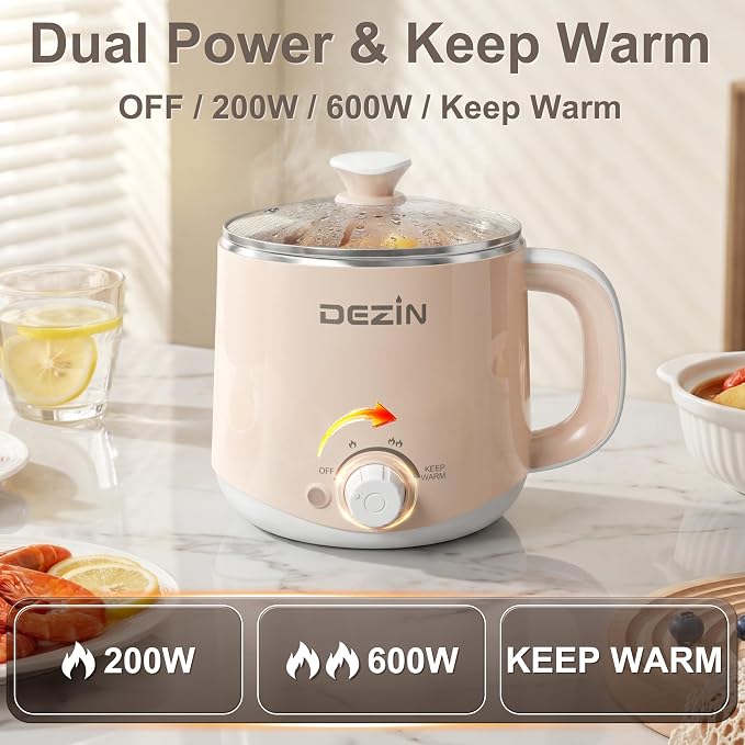 Dezin 1.6L Electric Pot with Steamer, Stainless Steel Pot with Dual Power | Keep Warm, Rapid Cooker, for Ramen, Egg, Dumpling, Soup & Oatmeal, Overheat & Boil-Dry Protection, Ideal for Dorm & Office