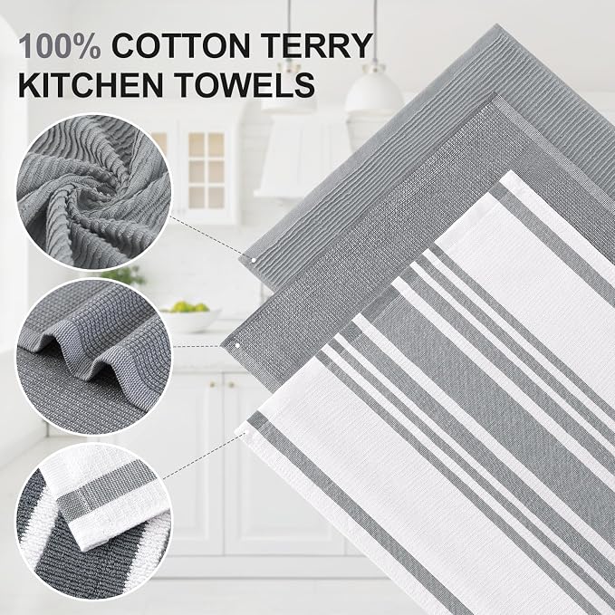 Homaxy Cotton 380 GSM Premium Kitchen Towels, 18"x 28", 3 Pack, Grey | Soft and Absorbent Terry Dish Towels, Multipurpose Tea Towel Set with Hanging Loop, 3 Styles Kitchen Hand Towels