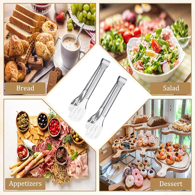 6PCS Serving Tongs, 7Inch Buffet Tongs, Stainless Steel Food Tong Small Serving Utensils for Cooking, Entertaining, Salad, Barbecue, Buffet, Toast and Steak by Sunenlyst