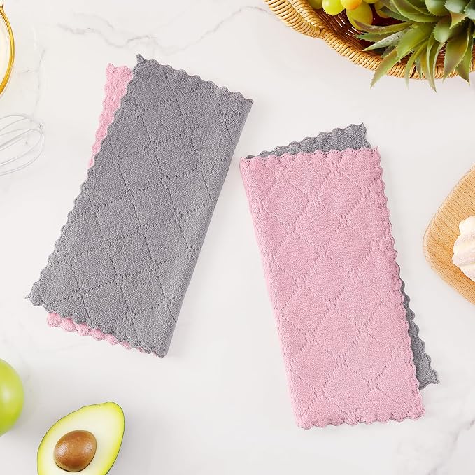Homaxy 12 Pack Super Soft Dish Cloths, 10" x 10", Grey & Pink | Coral Velvet, Nonstick Oil Fast Drying Microfiber Cleaning Cloth, No Lint Household Dishcloths