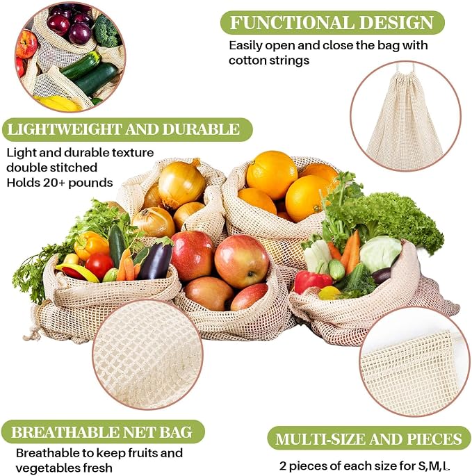 MAQIHAN Reusable Cotton Mesh Produce Bags - 6 Pack Mesh Storage Produce Bag | Durable Double Stitched Bags with Drawstring for Vegetables, Fruit and Grocery Shopping, 2L, 2M and 2S
