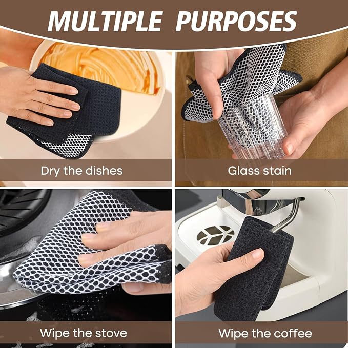 Dish Cloths for Washing Dishes with Scrub Side, Microfiber Dish Rags | Dual-sided microfiber dish cloths with scrubber for stuck-on food, quick dry kitchen washcloths 9 Pack, 9 Inch dark-black
