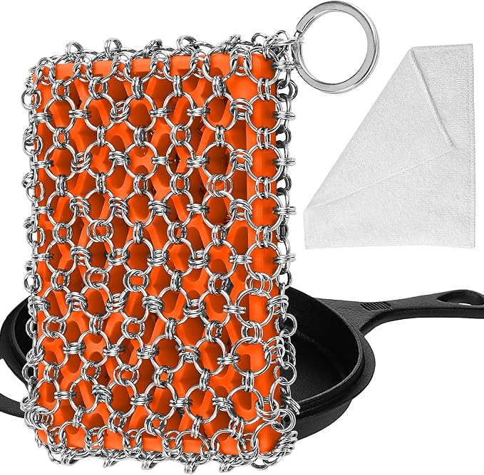 Herda 316L Cast Iron Scrubber Cleaner, Large Chainmail Cast Iron Cleaner | Honeycomb Silicone Insert,Flexible,Stainless Steel Chain Mail Metal Sponge Scrub Skillets,Oven,Flat Top,Grill Pan Pot Brush