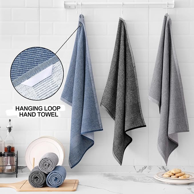 Homaxy 380 GSM Cotton Premium Kitchen Towels 3 Pack, 18"x 28", Mix | Flat and Terry Dish Towels, Highly Absorbent Tea Towel Set with Hanging Loop, Soft Kitchen Hand Towels, Navy/Grey/Black