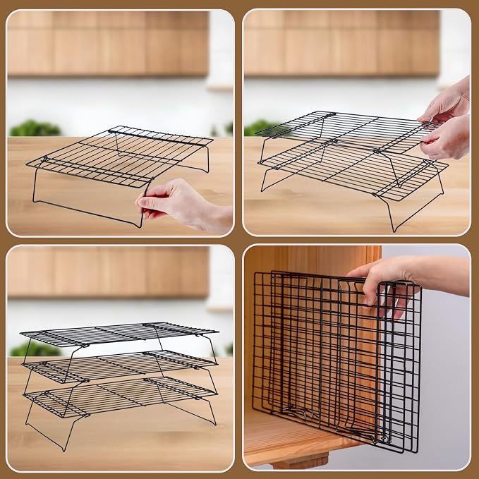 Cooling Rack for Cooking Baking 3 Tiers, 16" x 10" Wire Rack, Black | Thick Wire Rack, Oven & Dishwasher Safe, for Roasting, Grilling, Drying, Fits Half Sheet Pan