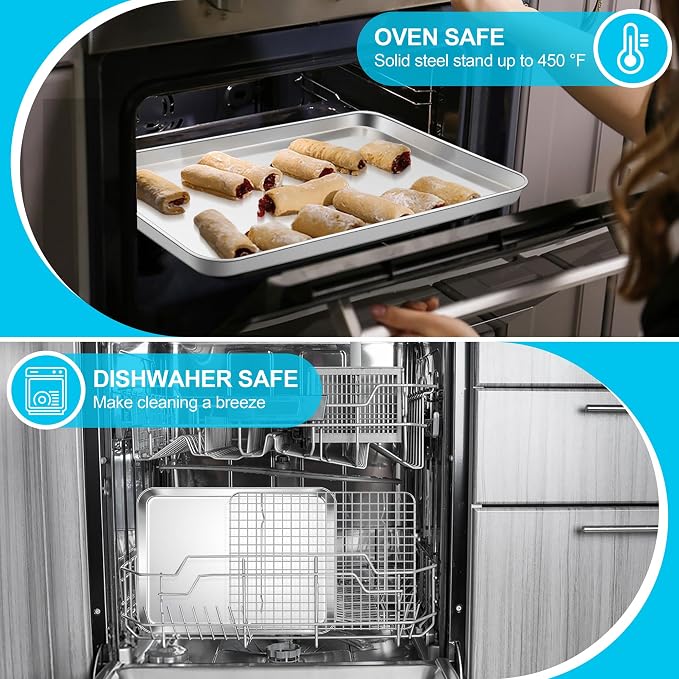 E-far Baking Sheet with Wire Rack Set, 12.5" x 9.7" (1 Pan +1 Cooling Rack) | Stainless Steel Sheet Pan with Cooling Rack for Oven, Metal Broiling Tray for Cooking Roasting, Non-Toxic, Dishwasher Safe