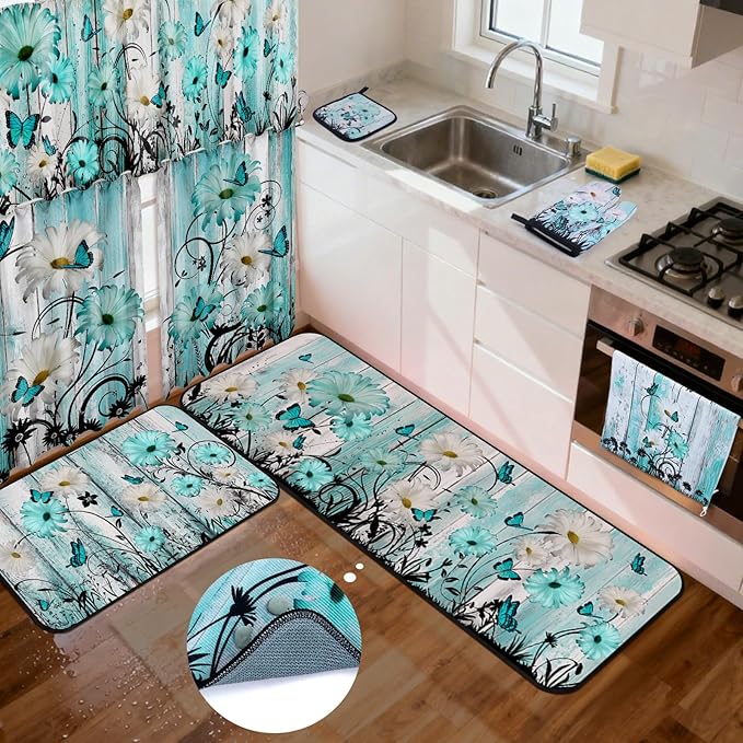13 Pcs Farmhouse Teal Daisy Kitchen Decor Set 3 Turquoise Kitchen Curtains Valance 2 Rugs and Mats 4 Hand Towels 2 Pot Holders 2 Oven Mitts for Home Decor Cooking Grilling Housewarming Gift