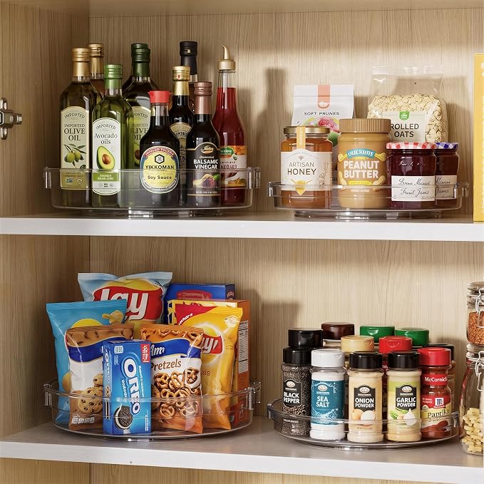 LAMU 4 Pack Lazy Susan Organizer, Clear Lazy Susan Turntable for Cabinet, Refrigerator, Table Top, Kitchen, Bathroom, Pantry Organizers and Storage, 2 Sizes Included 12in, 10.6in
