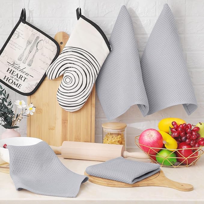 Homaxy 100% Cotton Waffle Weave Kitchen Dish Cloths, 4-Pack, Light Gray | 12 x 12 Inches, Ultra Soft Absorbent Dish Towels, Quick Drying Dish Rags with Hanging Loop