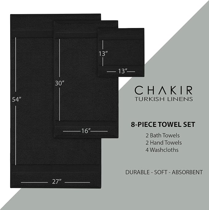 Chakir Turkish Linens Set of 8 Towel Set, 100% Cotton Luxury Turkish Towels for Bathroom, Soft Absorbent Bath Towel Set with 2 Bath Towels 2 Hand Towels 4 Washcloths, Black