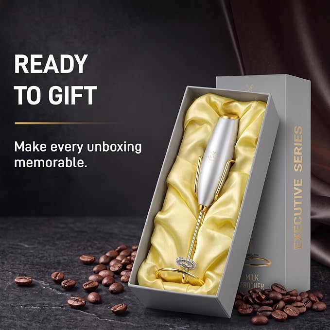 Zulay Kitchen Powerful Milk Frother Wand With Duracell Batteries - Ultra Fast Handheld Drink Mixer - Electric Whisk Foam Maker for Coffee, Lattes, Cappuccino & Matcha - Z1 Motor - Exec Silver Gold