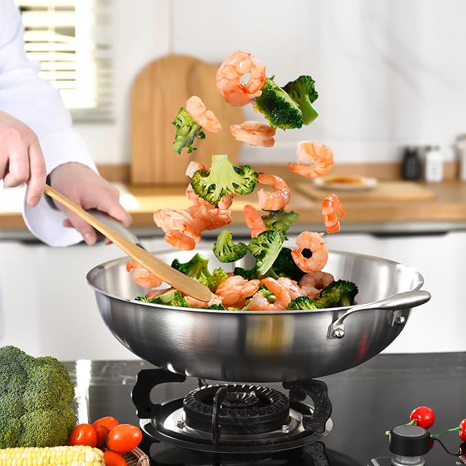 LOLYKITCH 14.5 Inch Stir-Frying Wok Pan with Steel Lid | Tri-Ply Stainless Steel | Induction Cooking Wok Pan | Dishwasher and Oven Safe | Heavy Duty | Detachable Handle
