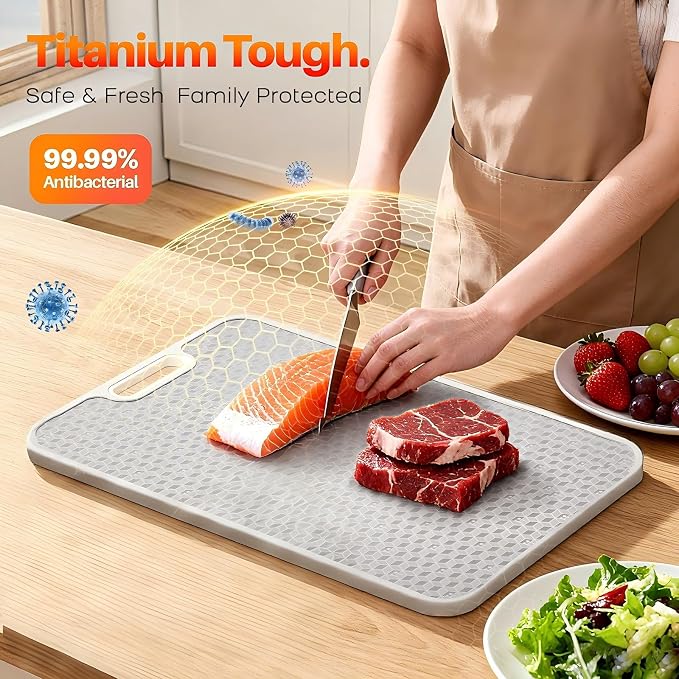 Titanium Cutting Board for kitchen, Dual Sided Food Grade Titanium & Wheat Straw PP, Non Slip Scratch Resistant Easy Clean, 15.5" x 10.5"（1PC）