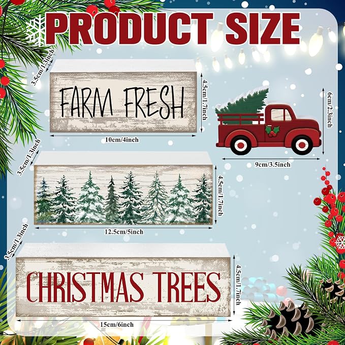 Lineshading 4 Pcs Wooden Christmas Blocks Red Truck Farmhouse Decor | Farm Fresh Tiered Tray Signs, Christmas Trees Design, Rustic Tabletop Decor for Holiday, Vintage Red Truck Topper