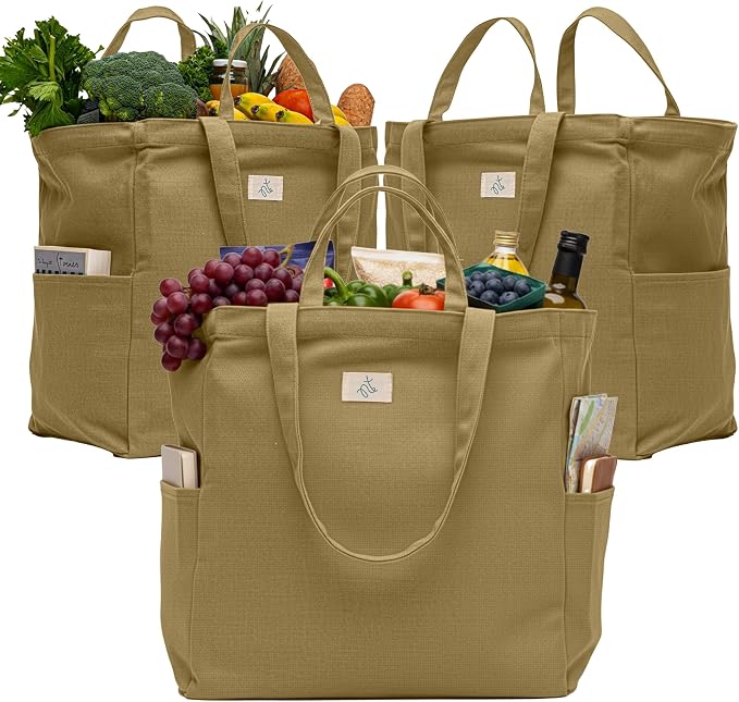 Nook Theory 3-Pack Reusable Grocery Bags - Heavy Duty, Large 12 Oz Cotton Canvas Reusable Shopping Bags With Pockets, 100% Cotton Cloth Grocery Totes, Foldable Multi Compartment (Khaki)