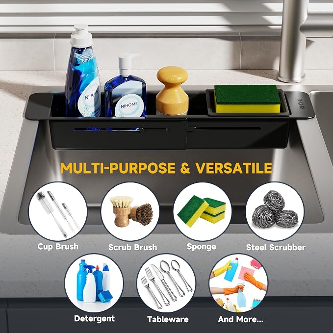 NiHome Extendable Kitchen Sink Caddy, Small Brush Sponge Storage Holder | Expandable Kitchen In Sink Organizer for Brush & Sponge with Drainage, Adjustable Length, Non-Slip Pads, Durable ABS (Black)