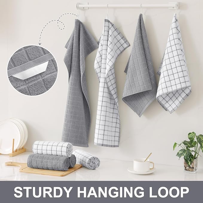 Homaxy Large Premium Cotton Kitchen Towels 16"x 28", 4 Pack, Light Grey | Natural Ring Spun 390 GSM Dish Towels, Super Absorbent Terry Kitchen Hand Towels, Soft Tea Towels with Hanging Loop