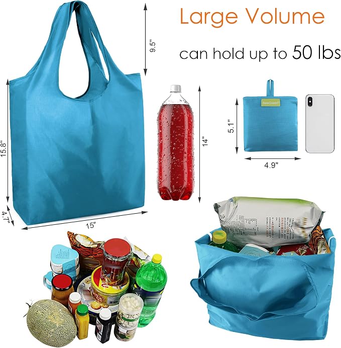 BeeGreen Light Blue Reusable Grocery Bags Wholesale Blue Reusable Kitchen Bags Bulk Foldable-Machine Washable with Zipper Storage Pouch 50 Packs