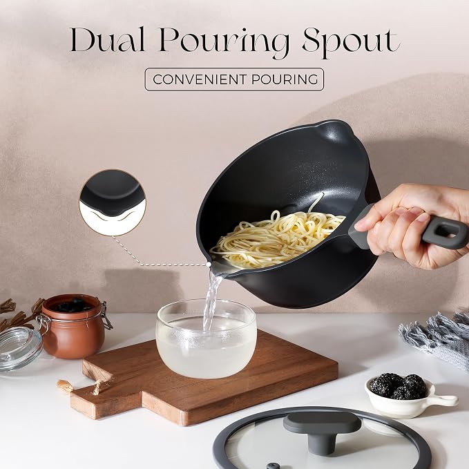 PRICUSIS Nonstick Saucepan with Lid, 2 Quart Non Toxic Pot with Pour Spouts, Full Coated, 100% Dishwasher Safe, Induction Compatible, PFOS & PFOA Free, Black Sesame