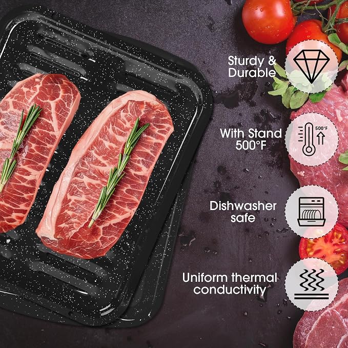 Broiler Pan for Oven – 16.75"×13" Non-Stick Porcelain Coated 2-Piece Set, Broiling Pan for Oven Safe Up to 500°F, Drains Fat, Dishwasher Safe Broiler Pans for Steak, Bacon & Vegetable