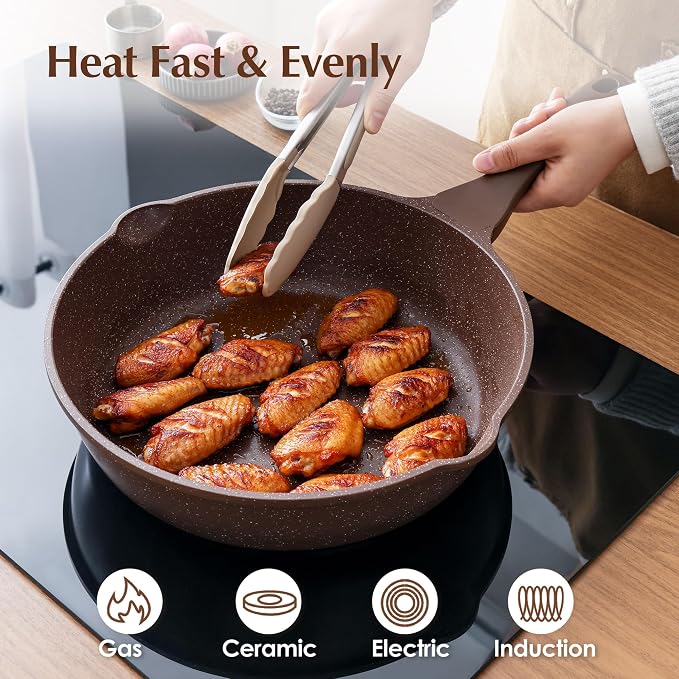 SENSARTE Nonstick Deep Frying Pan Skillet, 12-inch Saute Pan with Lid, Stay-Cool Handle, Healthy Cookware Cooking Pan with Cover, Induction Compatible (Toffee Brown)