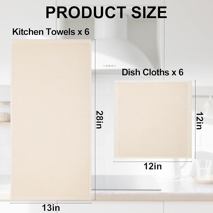 Homaxy 12 Pack 100% Cotton Kitchen Towels and Dishcloths Set, Mixed Color | 12 x 12 Inches and 13 x 28 Inches Kitchen Towels Set, Ultra Soft Absorbent Dish Cloths for Washing Dishes