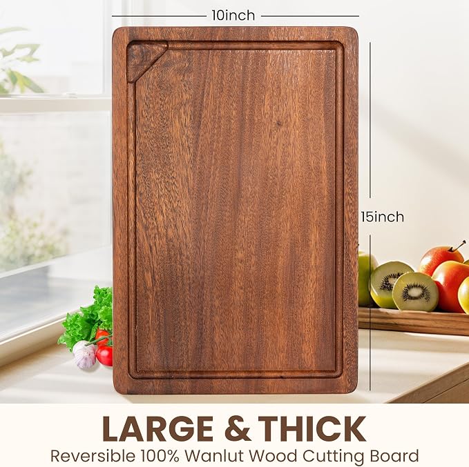 Fun Memories Black Walnut Cutting Board for Kitchen, Reversible Large Butcher Block Board, Large Wood Cutting Board Carving Board with Juice Groove & Concealed Handlers, 15"x10" (Gift Box)