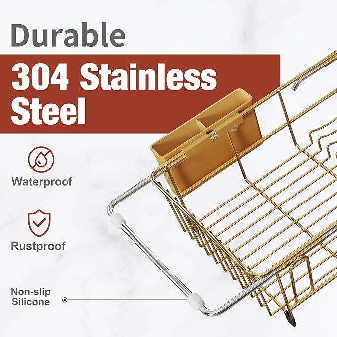 JASIWAY Gold Dish Drying Rack in Sink with Mat, Cups and Utensil Holder | Use Over the Sink or Counter, Stainless Steel Expandable Dish Drainer for Small Kitchen, Space Saving, Fast Drain, Rustproof