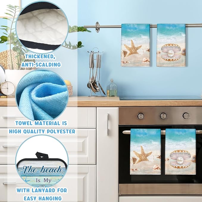 Mindsoft 6 Pcs Summer Beach Kitchen Towels Pot Holders Oven Mitts Set Island Decorations for Kitchen Include Coastal Dish Towel Beachy Rustic Oven Gloves Pot Holders for Christmas House Gifts