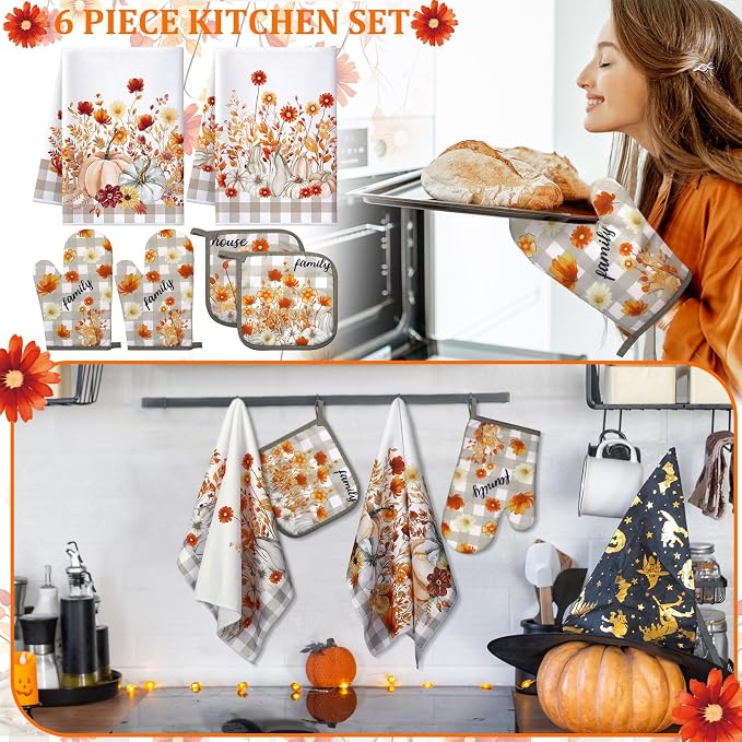 Leinuosen 6 Pack Fall Thanksgiving Kitchen Set with 2 Flower Dish Towels, 2 Pumpkin Pot Holders and 2 Buffalo Plaid Oven Mitts for Gifting, Baking, and Cooking Accessories