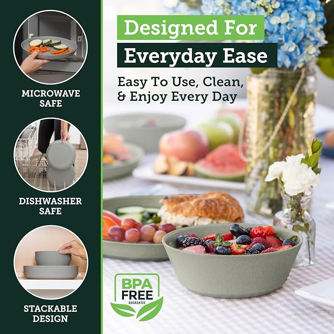 Grow Forward Premium Wheat Straw Plates and Bowls Sets - 8-Piece Wheat Straw Dinnerware Sets - Unbreakable & Reusable Microwave Safe Plastic Dinner Plates for Outdoors, RV, Camping Dishes - Feather