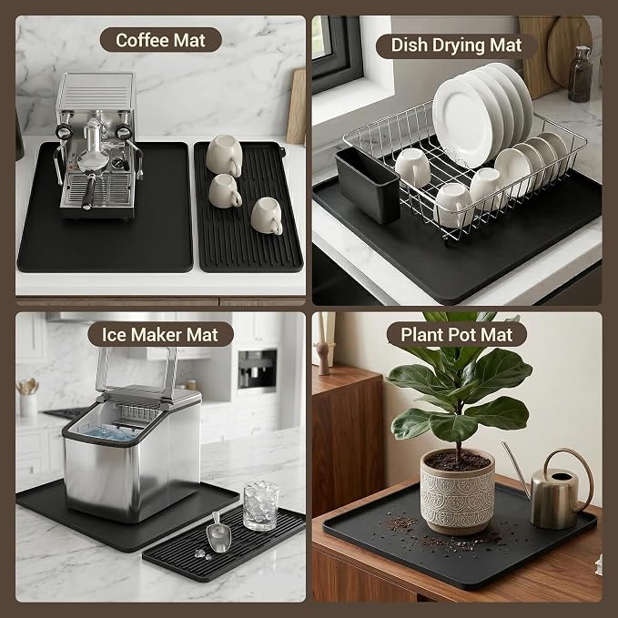 Silicone Coffee Mat for Countertop, 16x16 inch Heat Resistant Espresso Machine Mat, Non-Slip Coffee Bar Mat with Detachable Drying Area and Raised Edge, Waterproof Station Pad - Black