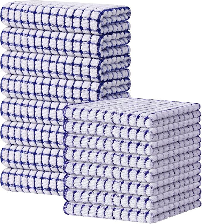 Kitinjoy Cotton 16 Pack Kitchen Towels and Dishcloths Sets, Blue | 16 x 25 Inch & 12 X 12 Inch Dish Towels Bulk, Super Soft and Absorbent hand towels for kitchen Drying