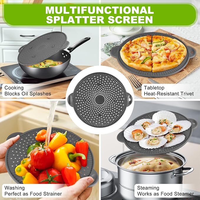 Silicone Splatter Screen for Frying Pan - 11 Inch Heat-Resistant Silicone Grease Splatter Guard, Multi-Use Oil Splash Guard for Kitchen Cooking Pan Cover, Dishwasher Safe