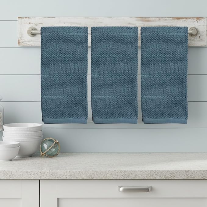 Teal Dark Blue Kitchen Hand Dish Towels, Set of 3, 100% Cotton, 18" x 28" | Terry Loop Textured, Soft & Absorbent Cleaning Cloth, Quick Dry, Multipurpose for Everyday Use