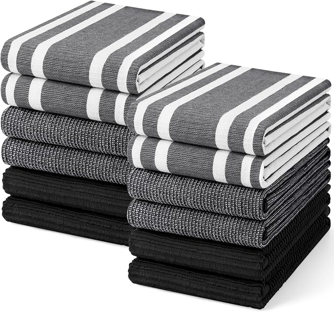 Homaxy Cotton 380 GSM Premium Kitchen Towels, 18"x 28", 12 Pack, Black | Soft and Absorbent Terry Dish Towels, Multipurpose Tea Towel Set with Hanging Loop, 3 Styles Kitchen Hand Towels