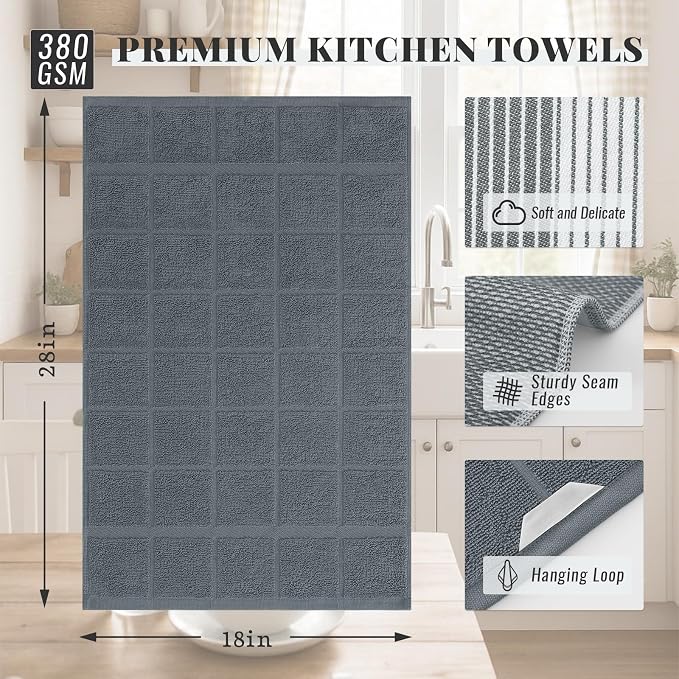 Homaxy 3 Pack Cotton Terry Premium Kitchen Towels, 18 x 28 in, Grey | Large 380 GSM Dish Towels, Highly Absorben Flat & Terry Kitchen Hand Towels, Soft Utility Tea Towel Set with Hanging Loop