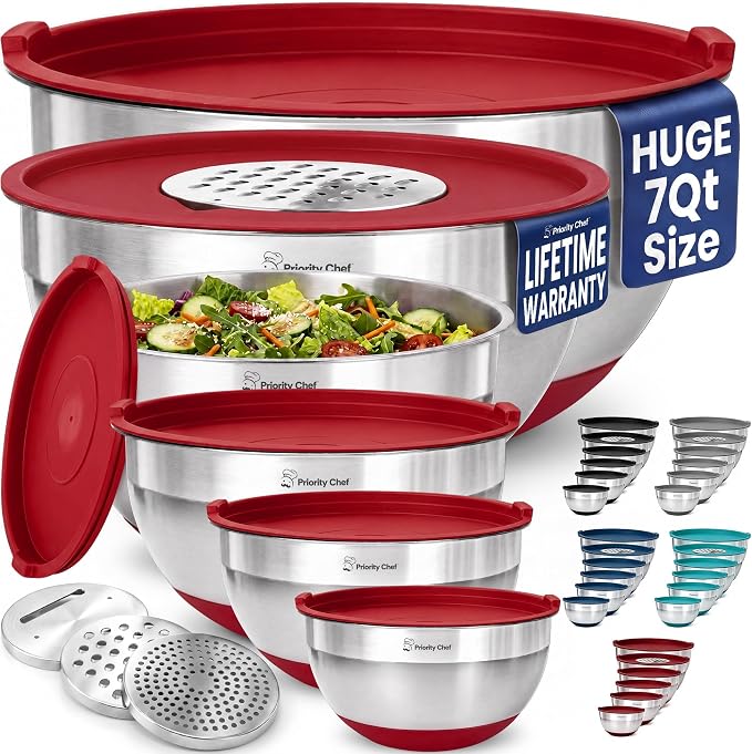 Priority Chef 6pc Stainless Steel Mixing Bowls with Lids Set, 7 Qt, Red | Non-Slip Nesting Bowls, 3 Graters and Interior Measurement Marks; For Meal Prep, Baking and Airtight Fridge Storage