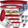 Priority Chef 6pc Stainless Steel Mixing Bowls with Lids Set, 7 Qt, Red | Non-Slip Nesting Bowls, 3 Graters and Interior Measurement Marks; For Meal Prep, Baking and Airtight Fridge Storage